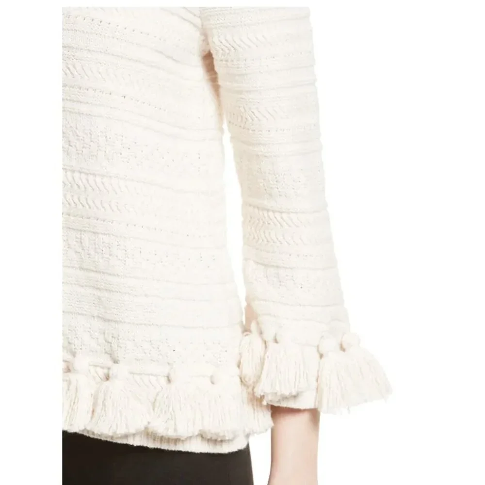 Kate Spade Womens Medium Beige Cotton Chunky Knit Sweater Pompom Hem Crewneck